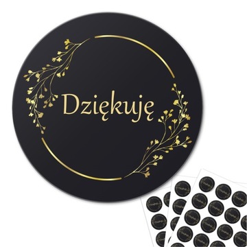 Naklejki 'Dziękuję' czarne tło, złote gałązki - 4cm - arkusz A4