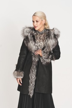 Czarny KOŻUCH DAMSKI z lisem KD-58 XXXXL 48 naturalny
