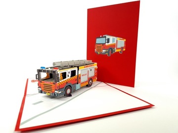 Wóz Strażacki Kartka 3D Straż Pożarna Prezent Dzień Ojca Dzień Dziecka WOW