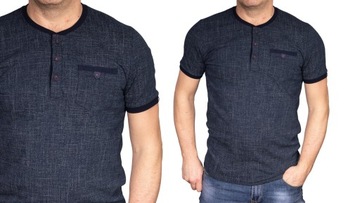 Koszulka męska elegancka jeans granat z kieszonką tshirt guziki Bastion 2XL