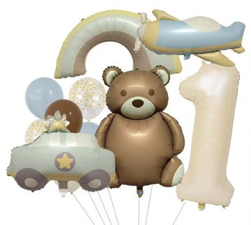 ZESTAW PIERWSZE URODZINY BALON CYFRA 1 BOHO RETRO AUTO SAMOLOT MIŚ TĘCZA