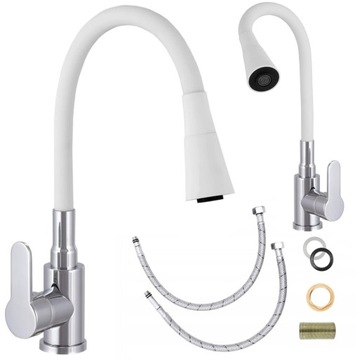 BATERIA ZLEWOZMYWAKOWA KUCHENNA BIAŁA ELASTYCZNA WYLEWKA 2-FUNKCYJNA CHROM