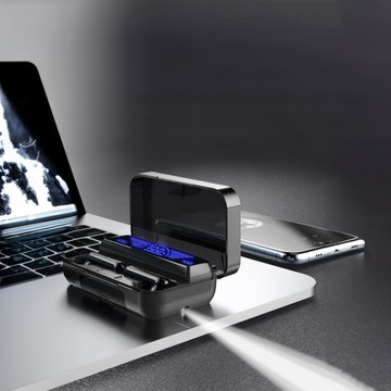 SŁUCHAWKI BEZPRZEWODOWE DOUSZNE BLUETOOTH BT 5.1 + ETUI Z POWERBANK LATARKA