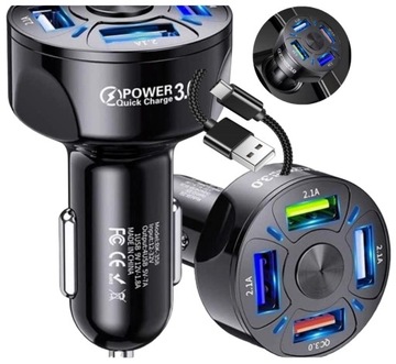SPEED Ładowarka do AUTA SAMOCHODU 4x USB PD QC 3.0 do Telefonu +MOCNY Kabel