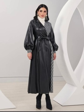 Damski długi płaszcz wiosenno-jesienny SHEIN czarny/pepitka rozmiar XL
