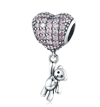 CHARMS ZAWIESZKA SERCE MIŚ CYRKONIE RÓŻ BALON SREBRO 925