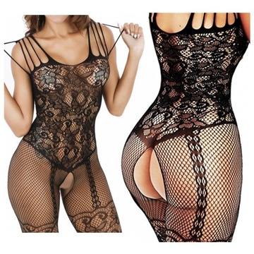 BODYSTOCKING otwarte body KOMBINEZON z dziurką BIELZINA damska CZARNA