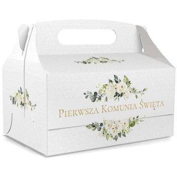 PUDEŁKO na ciasto PIERWSZA KOMUNIA białe KWIATY x5