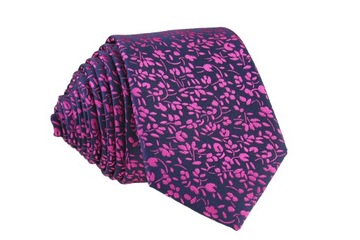 KRAWAT WĄSKI SLIM GRANATOWY W AMARANTOWE KWIATKI
