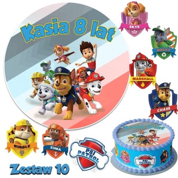 Zestaw Opłatek na tort PSI PATROL z Imieniem +7 Wyciętych Tarcz na Tort