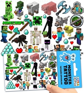 TATUAŻE ZMYWALNE TYMCZASOWE DLA DZIECI DZIECIĘCE MINECRAFT WZORY ORYGINALNE