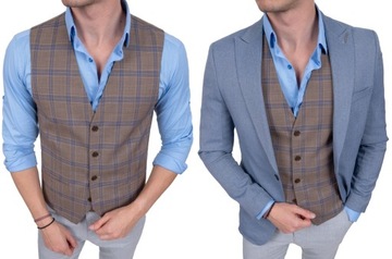 Beżowa kamizelka w kratę meska elegancka - 48