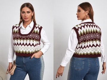 Shein bordowa dzianinowa kamizelka w jodełke XL