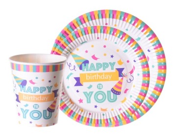 ZESTAW PAPIEROWY KUBECZKI TALERZYKI HAPPY BIRTHDAY