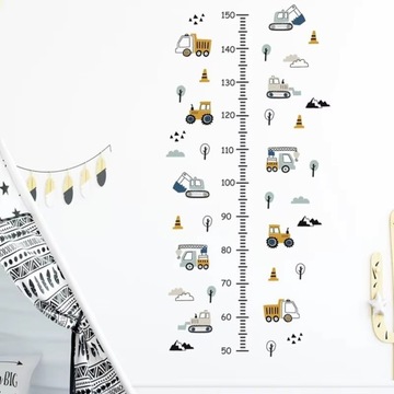Наклейка на стену в детскую комнату - тракторы и экскаваторы - таблица высот