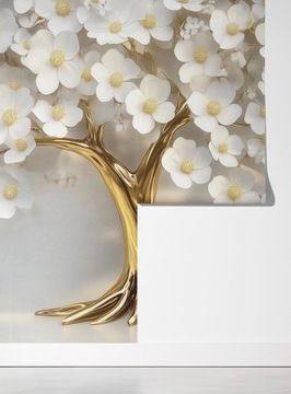 Настенная роспись Золотое 3D Дерево с листьями и цветами для спальни 416 x 290 см