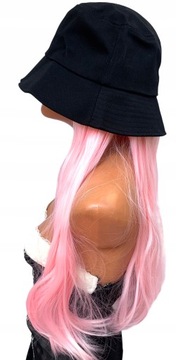 Czapka Bucket hat czarna peruka długie proste włosy różowe