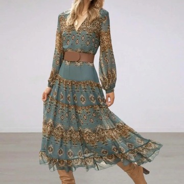 Women Fall Spring Dress Vintage Print A-line Big H