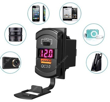 Монтажная розетка USB QC3.0 18 Вт + PD 36 Вт 12–24 В Вольтметр
