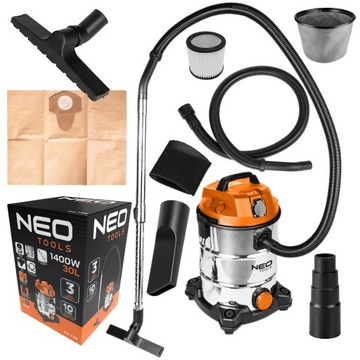 NEO ПРОМЫШЛЕННЫЙ СТРОИТЕЛЬНЫЙ ПЫЛЕСОС 1400ВТ 30Л ВЛАЖНАЯ СУХАЯ ДЛЯ ШТУКАТУРКИ + АКСЕССУАРЫ