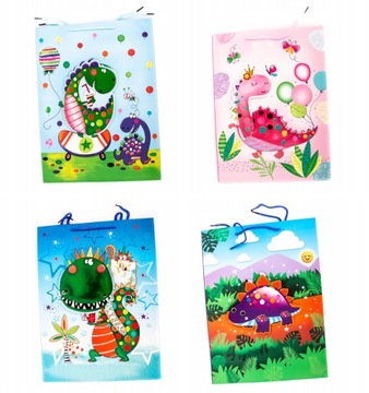 DINOZAURY TORBA PREZENTOWA 31x42CM RÓŻNE KOLORY ZESTAW TOREBEK 4SZT