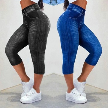 Women Cropped Pants Stretch Fitness Fake Pockets H