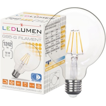 Żarówka LED E27 10W=85W Filament 1242lm Ozdobna Brak Migotania Ściemnialna