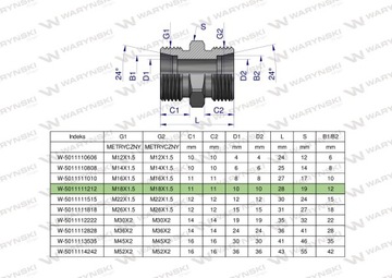 Метрический гидравлический фитинг BB M18x1,5 12L (XG) Waryński