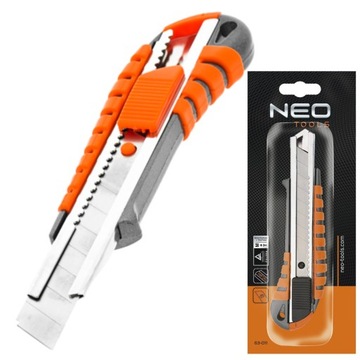 НОЖ НЕО С ЛОМАТЫМ ЛЕЗВИЕМ, МЕТАЛЛИЧЕСКИЙ КОРПУС 18 ММ, ПРОТИВОСКОЛЬЗЯЩАЯ РУЧКА 63-011