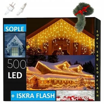 SOPLE ZEWNĘTRZNE 500LED LAMPKI STAŁE + FLASH CIEPŁE IP44 20m KURTYNA LED