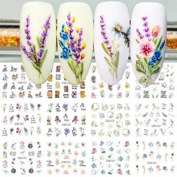 ВОДНЫЕ НАКЛЕЙКИ для украшения ногтей, лист из 12 рисунков, цветы, летние украшения