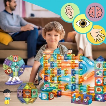 KLOCKI MAGNETYCZNE ZESTAW XXL KONSTRUKCYJNE 252 EL. TOR KULKOWY ŚWIECI