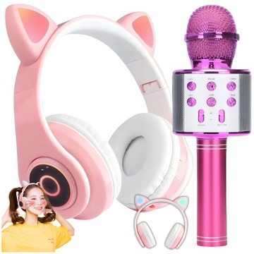 ZESTAW SŁUCHAWKI NAUSZNE DLA DZIECI KOCIE USZY + MIKROFON KARAOKE BLUETOOTH