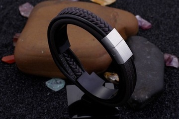 SKÓRZANA BRANSOLETA MĘSKA ZAPIĘCIE NA MAGNES STAL