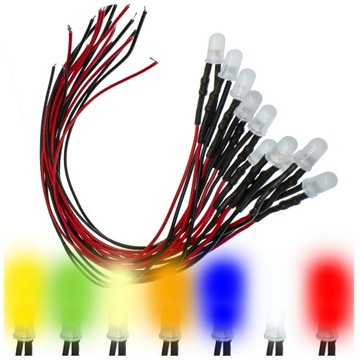DIODY LED MATOWE 12V 5mm 8 KOLORÓW do wyboru, przewody 20cm | 10 szt