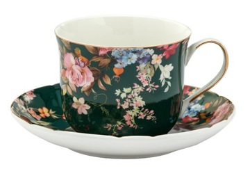 Filiżanka Spodek Porcelana 400ml zielona w kolorowe kwiaty 1szt z pudełkiem