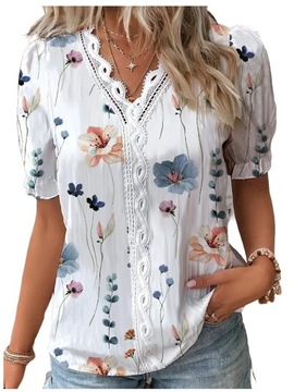 BLUZKA DAMSKA ELEGANCKA KRÓTKI RĘKAW T-SHIRT Z NADRUKIEM