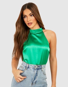 ZIELONE GŁADKIE BODY TOP ODKRYTE RAMIONA SATYNOWE ELEGANCKIE BOOHOO 42