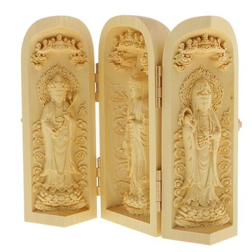 Składany bukszpan 3 Rzeźba Buddy Guanyin w drewnianym stylu-1