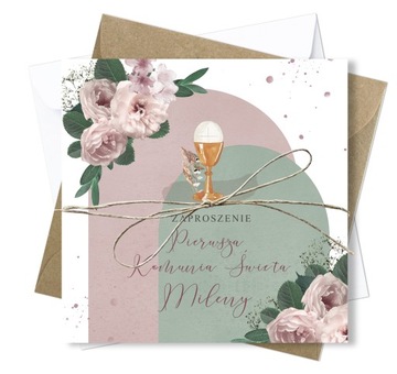 Zaproszenia na Komunię Świętą Komunijne Floral Imię + Koperta + Sznurek