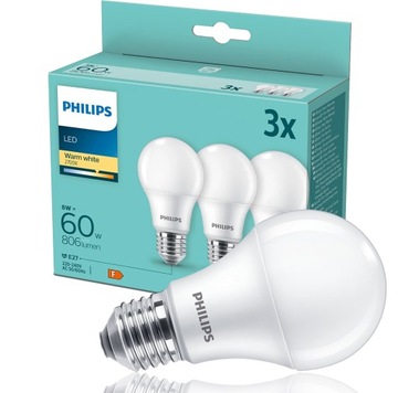 PHILIPS ZESTAW 3x Żarówka LED E27 8W = 60W 2700K CIEPŁA BIAŁA 806lm A60