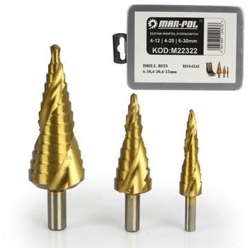 ZESTAW WIERTŁ STOPNIOWYCH 4-12; 4-20; 6-30mm Wiertło stopniowe Solidne