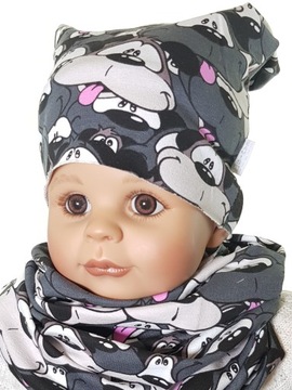 KOMPLET BAWEŁNIANA DRESÓWKA CZAPKA BEANIE + KOMIN 6 MC - 10 LAT 25 WZORÓW