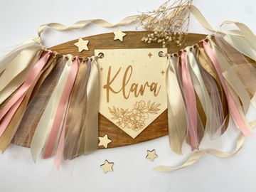 Вымпел с именем на стул - гирлянда с лентами и тюлем, розовый