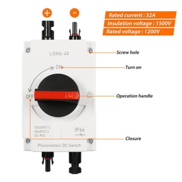 Главный выключатель поверхностного монтажа постоянного тока 32 А для питания фотоэлектрических панелей напряжением 1000 В
