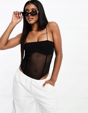 Asos Design NG7 xlf czarne body na ramiączkach siateczka łączenie stringi M