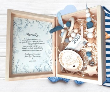 Pamiątka Chrztu z drewnianymi akcesoriami KOMPLET