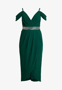 Sukienka zdobiona, midi, zielony, cyrkonie, kopertowa TFNC 36