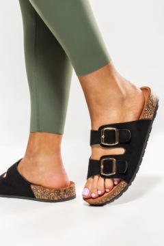 ЧЕРНЫЕ ЖЕНСКИЕ ТАПОЧКИ НА ПРОФИЛИРОВАННОЙ ПРОБКОВОЙ ПОДОШВЕ, ПЛОСКИЕ, размер 38