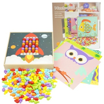 DREWNIANA UKŁADANKA GRZYBKI+PLANSZE PUZZLE MOZAIKA